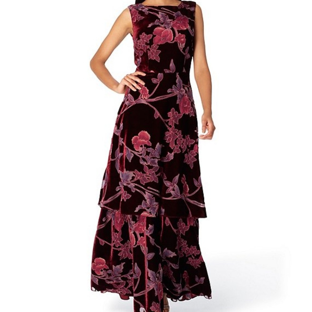 Tahari ASL Burnout Floral Velvet Tiered ALine Gown